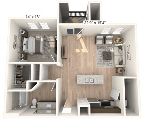 Floor plan for 1 bed, 1 bath, 725 sqft